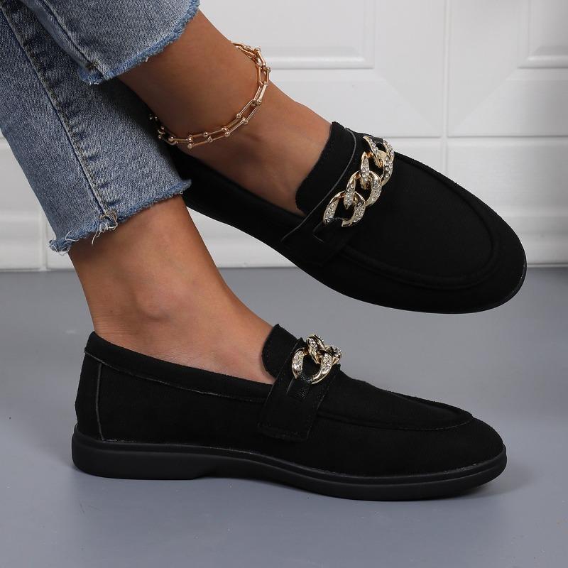Women's Flat Shoes Spring New Round Head Deep Mouth Suede Metal Chain Soft Sole Anti-slip Wear-resistant Single Shoes