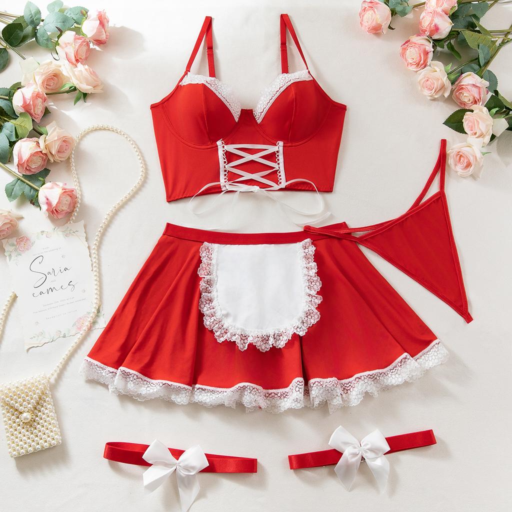 Maid Cosplay Bow Bandage Apron Maidservant Uniform Women's Sexy Lingerie 5-Piece Sets Lace Patchwork Sensual Tempt Onlyfans Kit