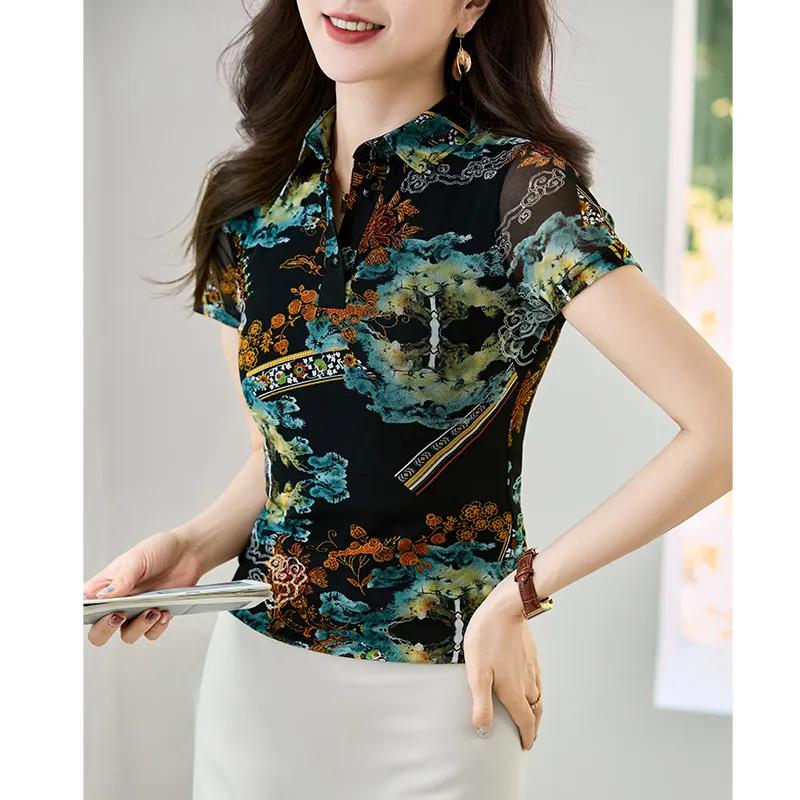 Maglietta Polo da Donna con Stampa Floreale Manica Corta Rete Trasparente Vestibilità Slim Elegante Blusa