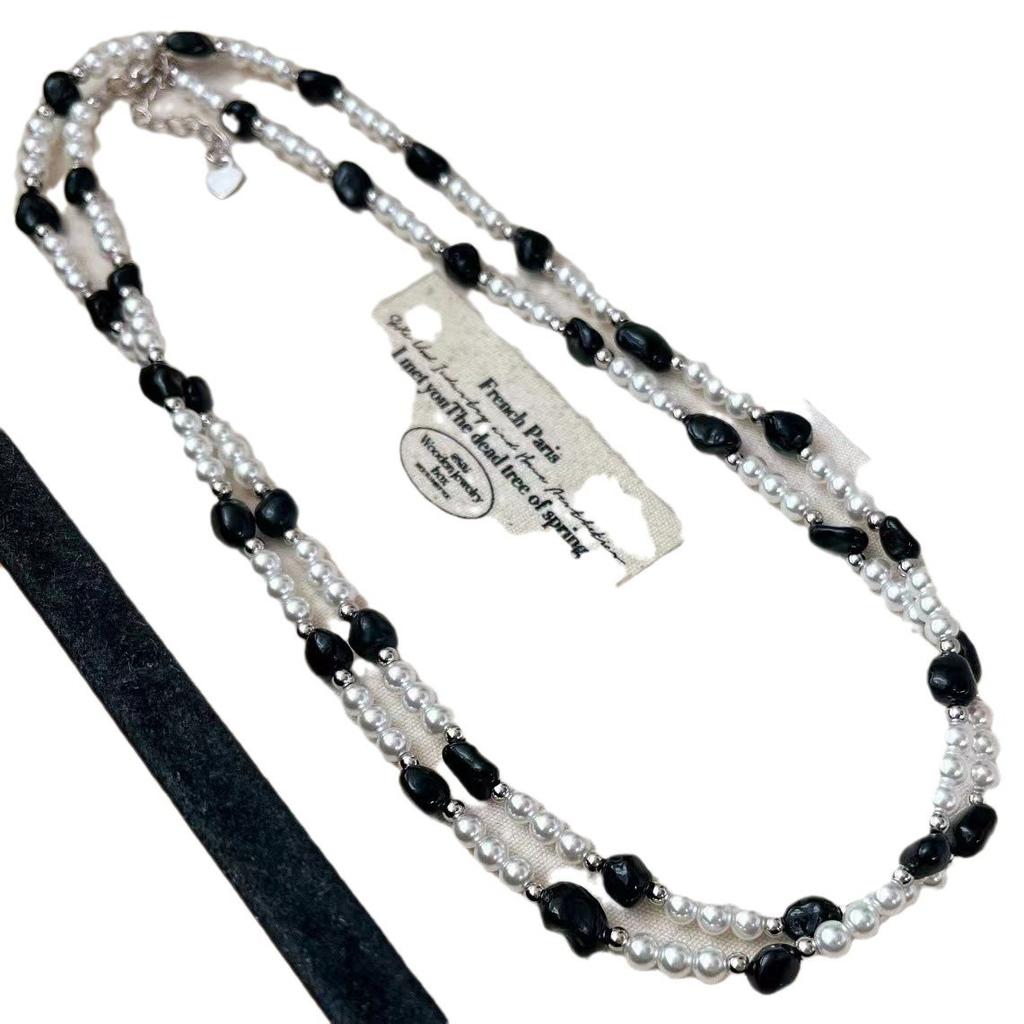 Vintage Natural Black Agate Artificial Australian White Pearl Sweater Chain Necklace Collarbone Chain
