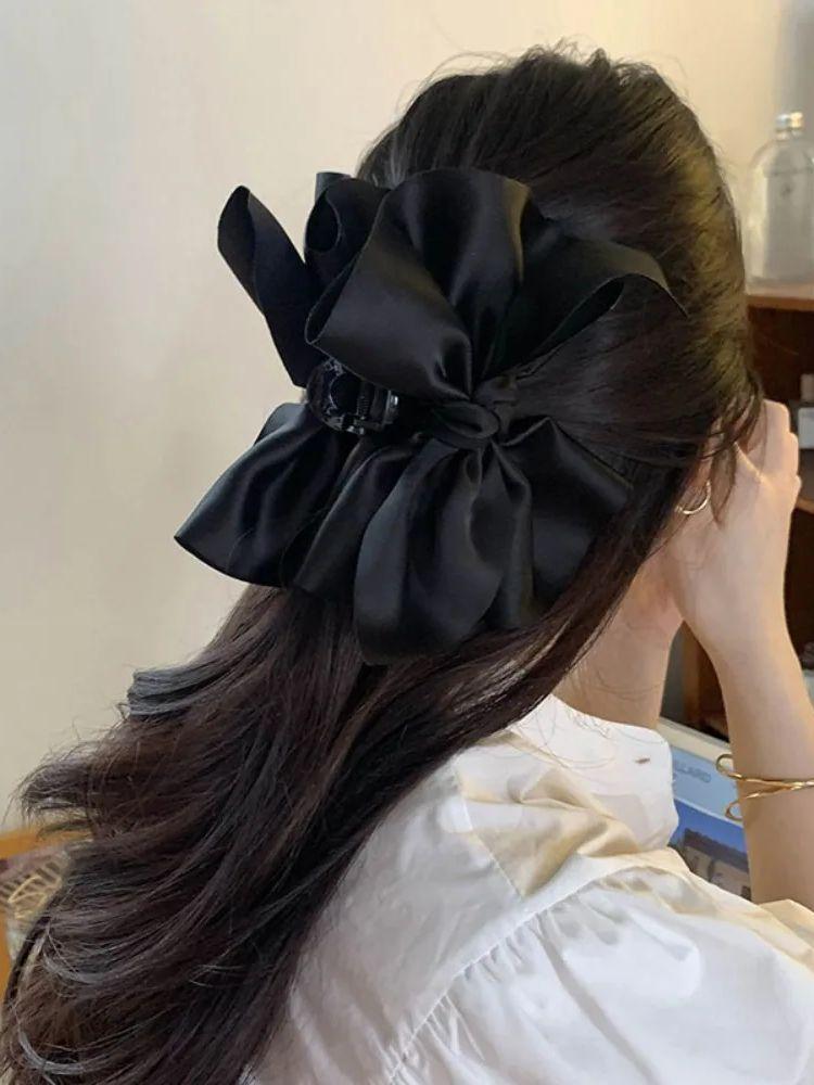 Satin Large Bow Clip Black Exaggerated Styling Hair Clip Internet Famous Same Style Small Face Daily Styling Hair Tie Accessory