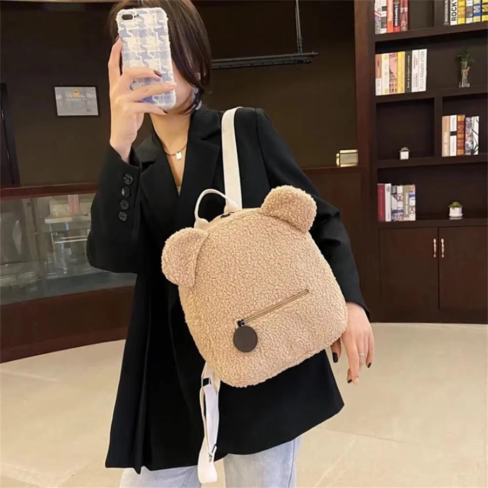 Cute Bear Lambswool Backpack for Girls, Soft Plush Fleece Mini Daypack, Casual Lightweight Shoulder Bag for Kids Outdoor Travel Daily Use