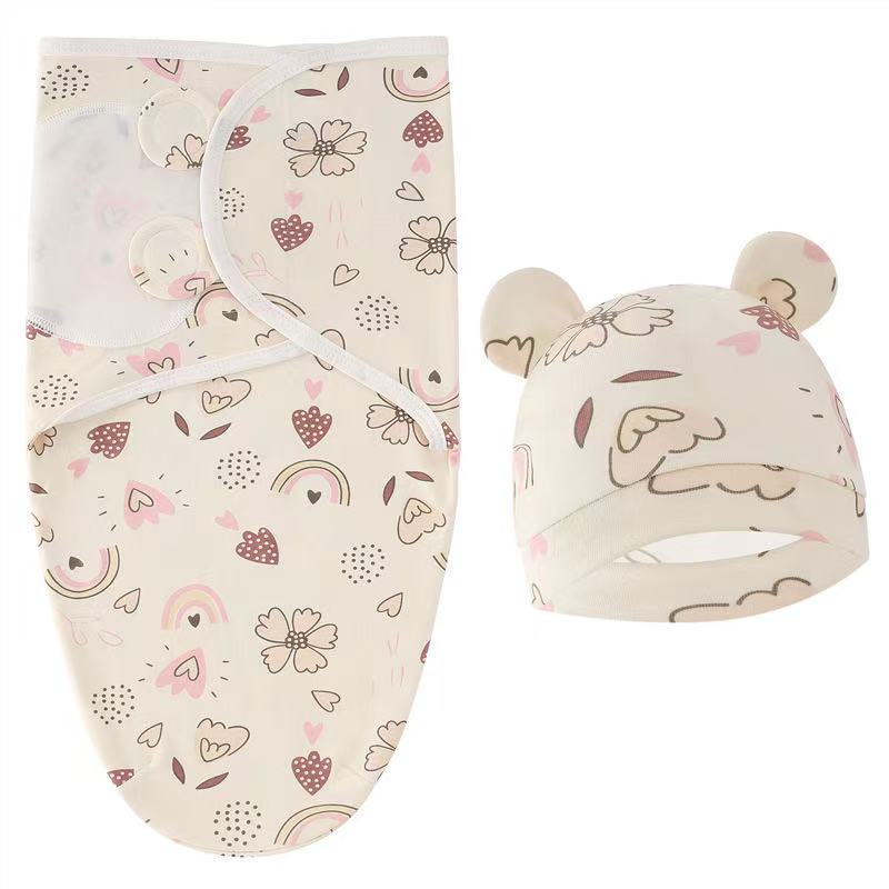 Baby Blanket Hat Set Cartoon Printed Cotton Newborn Swaddle Adjustable Infant Sleeping Swaddle Wraps All Seasons 0-6 Months
