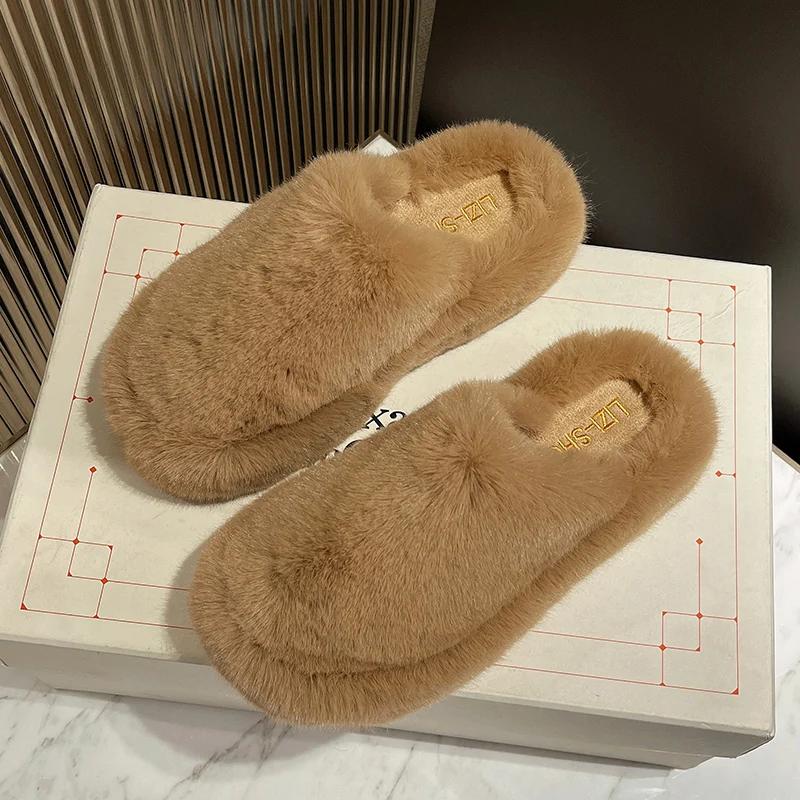 Women's Fur Slippers Autumn and Winter New Style with Plush Thick Bottom Cotton Slippers, Fashionable and Warm Cotton Slippers