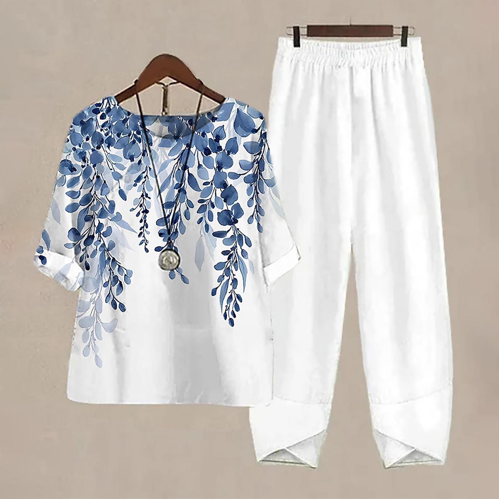 

Женские летние топы с короткими рукавами и принтом, эластичная талия, брюки из девяти предметов, комплект из двух предметов XL синий