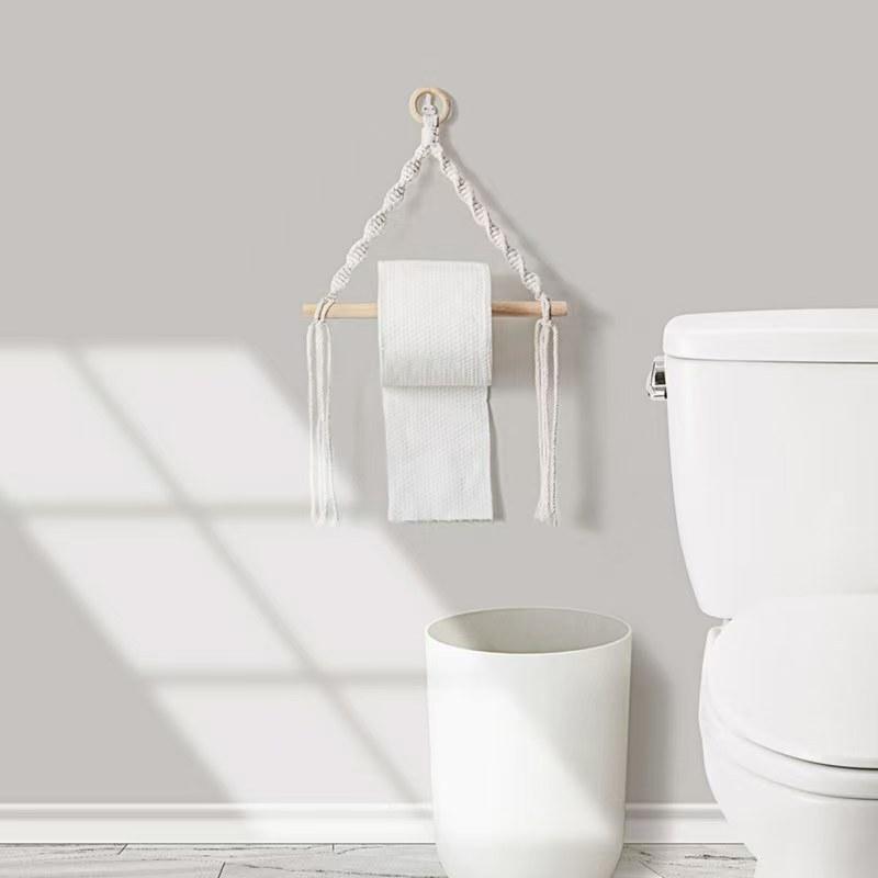 1pcWooden Stick Cotton Rope Paper Towel Holder Bedroom Bathroom Wall-Mounted Towel Rack Woven Style Homestay Decoration Hanging