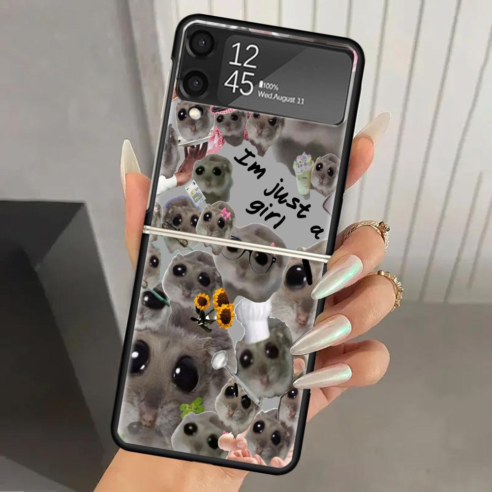 Funny Sad Hamster Meme Hard PC Phone Case For Samsung Galaxy Z Flip 7 6 5 4 3 Black ZFlip7 ZFlip6 Flip5 Flip4 Flip3 5G Print Cov