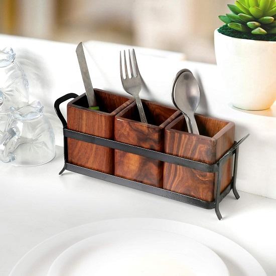 

Wood and Wrought Iron Holder for Dining Table, Multipurpose Stand, Table Organizer with 3 Wooden Jar