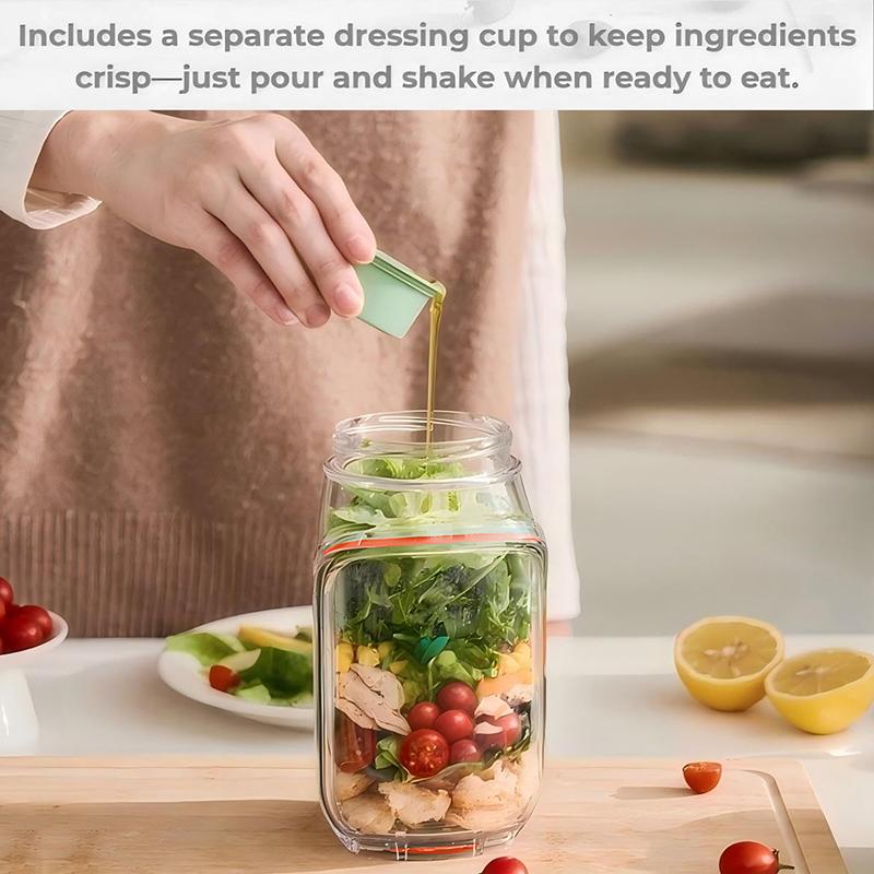 Salad Jar,Mason Jar Salad Container With Side Opening, Dressing Bowl, Sauce Compartments, Microwave-Safe, Freezer And Dishwasher
