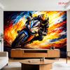 2D Flat - 2D Flat - A Large Tapestry Featuring a Pattern of Speed, Motorcycles, And a Rider Against a Fiery Backdrop. Ideal for Decorating Walls in Be