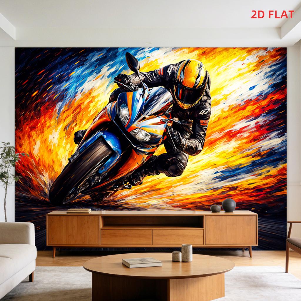 2D Flat - 2D Flat - A Large Tapestry Featuring a Pattern of Speed, Motorcycles, And a Rider Against a Fiery Backdrop. Ideal for Decorating Walls in Be