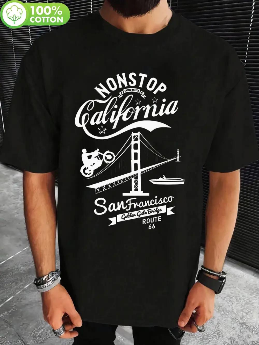 Black 180g 100% Cotton T-shirt - Nonstop California Graphic Tee with Golden Gate Bridge L