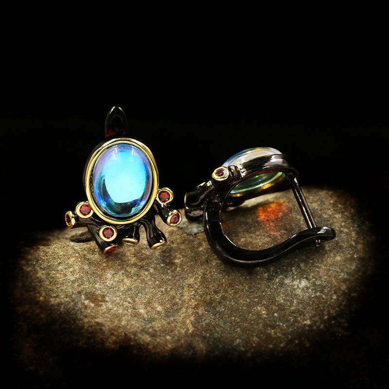 Retro Palace Baroque Style Silver Needle Earrings for Women's Earrings Moonlight Gem Earrings Earrings Black Gold Two Color Jewelry