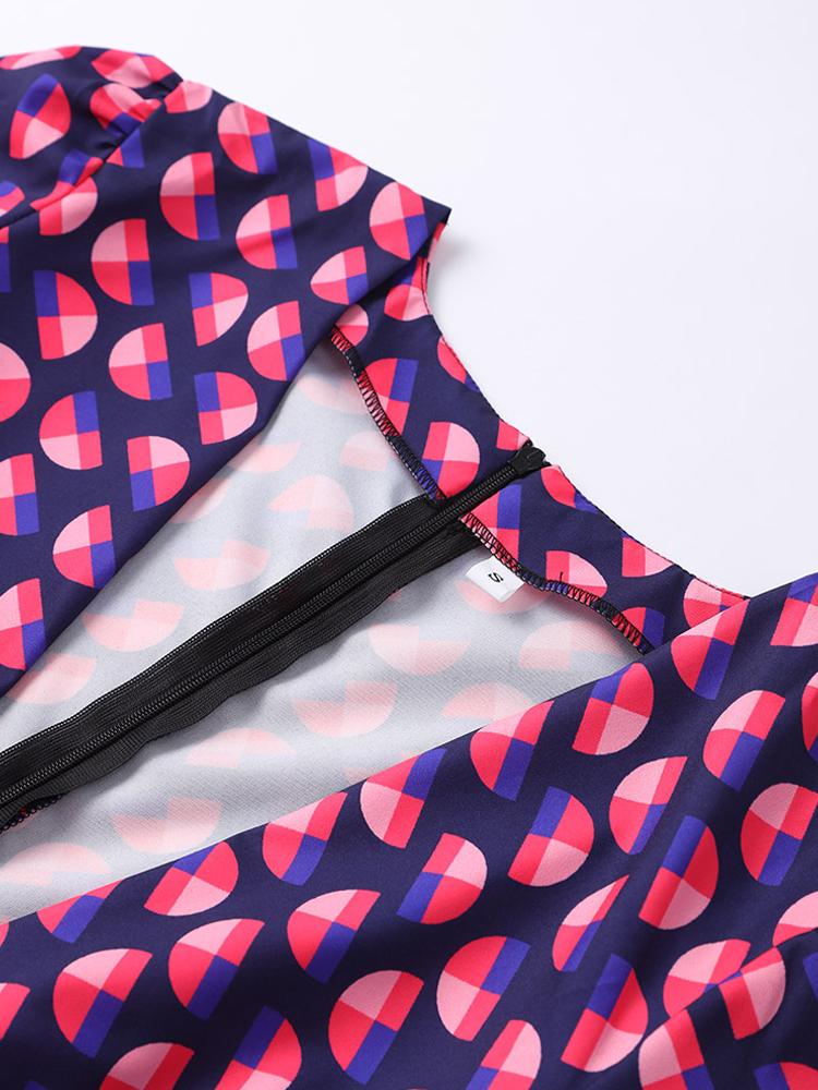 Summer Purple Printed Deep V-neck Women Dress Pleated Puff Sleeve A-line Party Evening Lady Robe