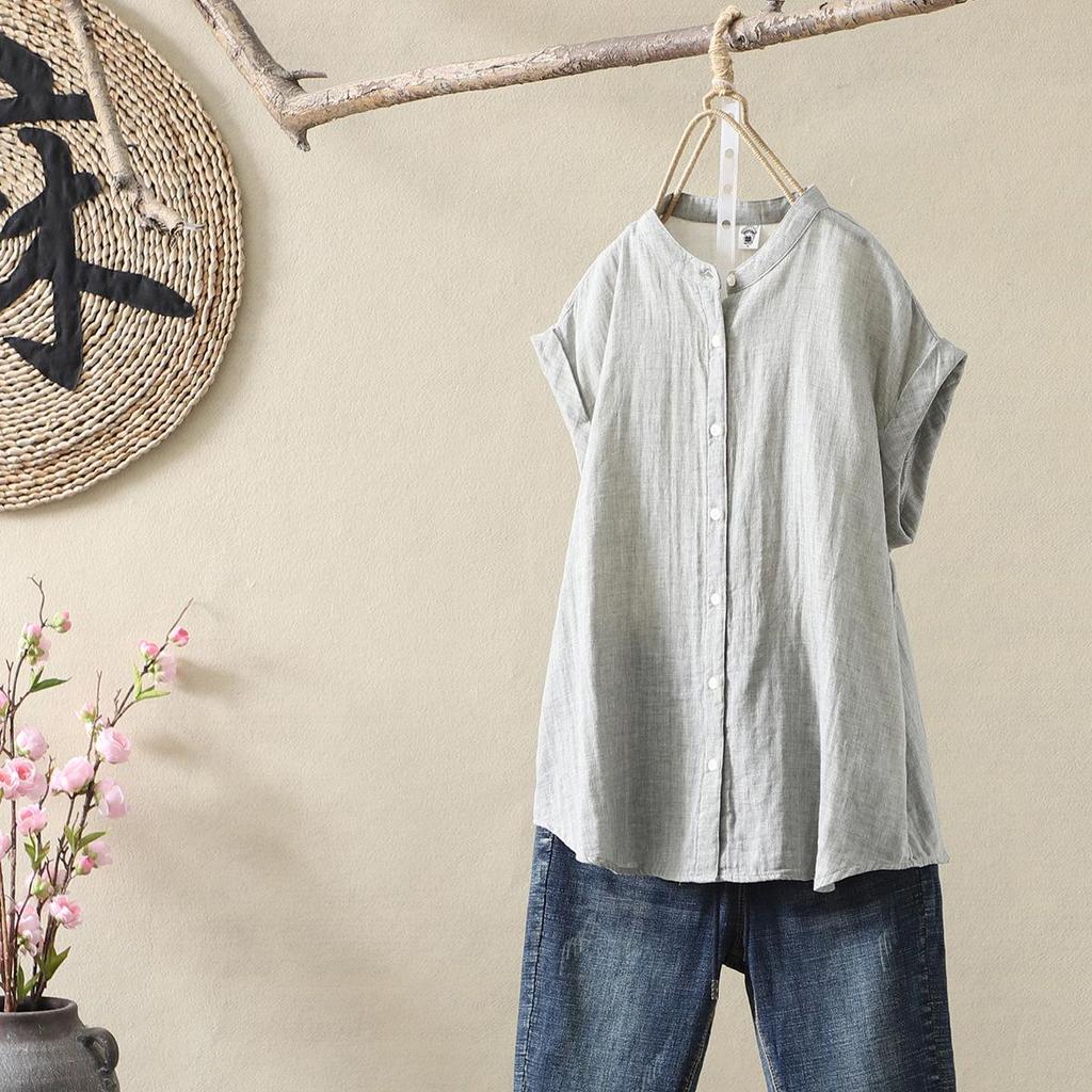 Japanese Minimalist Plaid Women's Sleeveless Stand Collar Shirt & Classic Short Sleeve Shirt