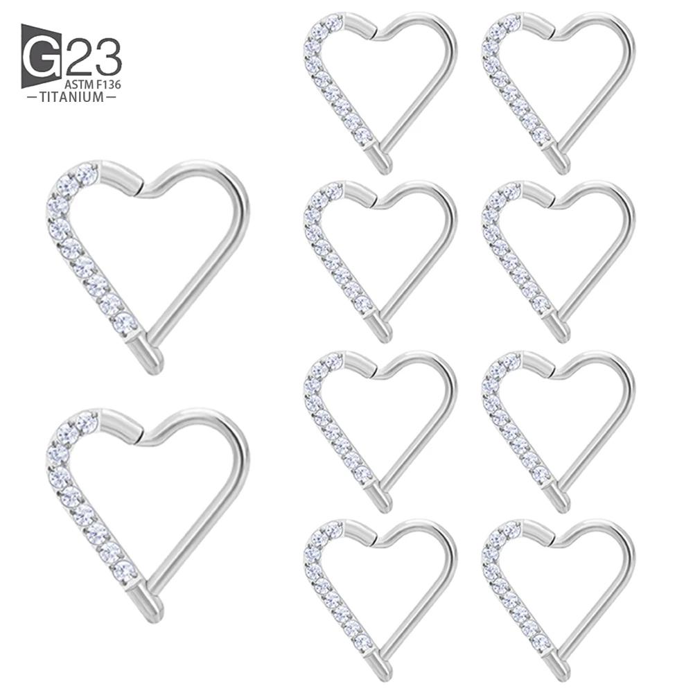 10Pc ASTM F136 Titanium Daith Heart Earring Hoop Cartilage Tragus Helix Rings Hinged Segment Hoop with Clear CZ