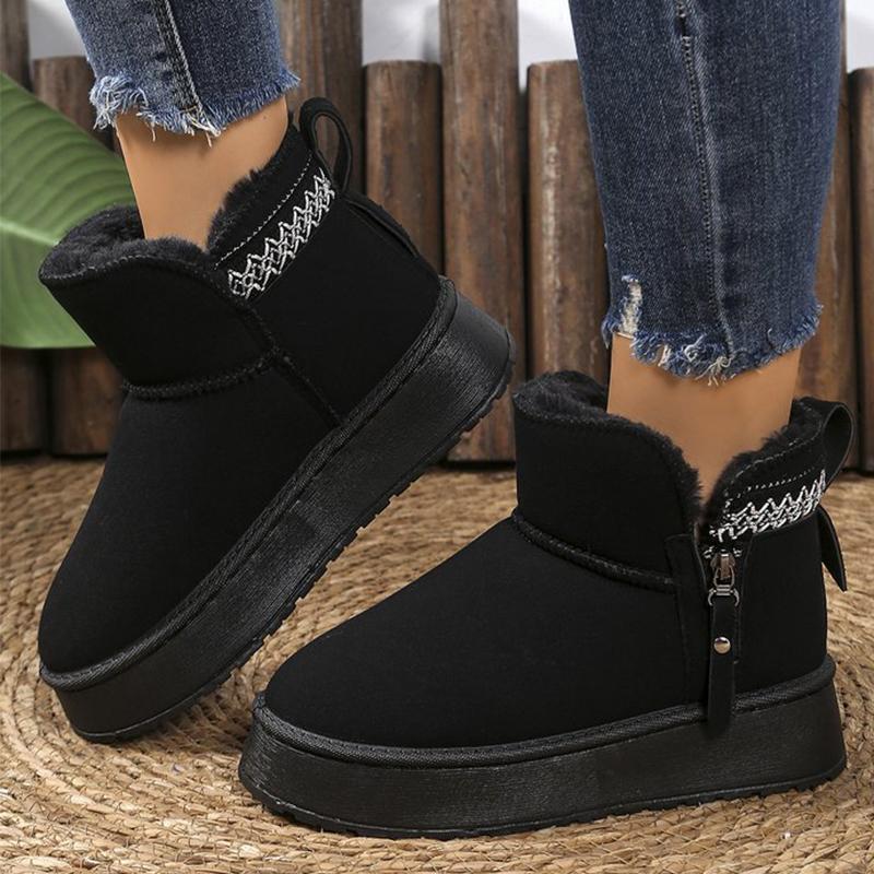 Classic Embroidery Faux Fur Ankle Boots Women Winter Side Zipper Platform Warm Snow Boots Woman Round Toe Non Slip Botas Mujer