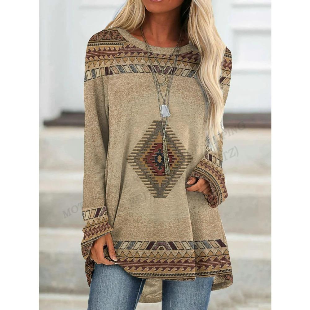 Etnisk t-skjorte med 3d-trykk for kvinner Mote-t-skjorter Uformelle overdeler med lange ermer T-skjorter T-skjorte med grafisk trykk Løs Harajuku vintage-t-skjorter