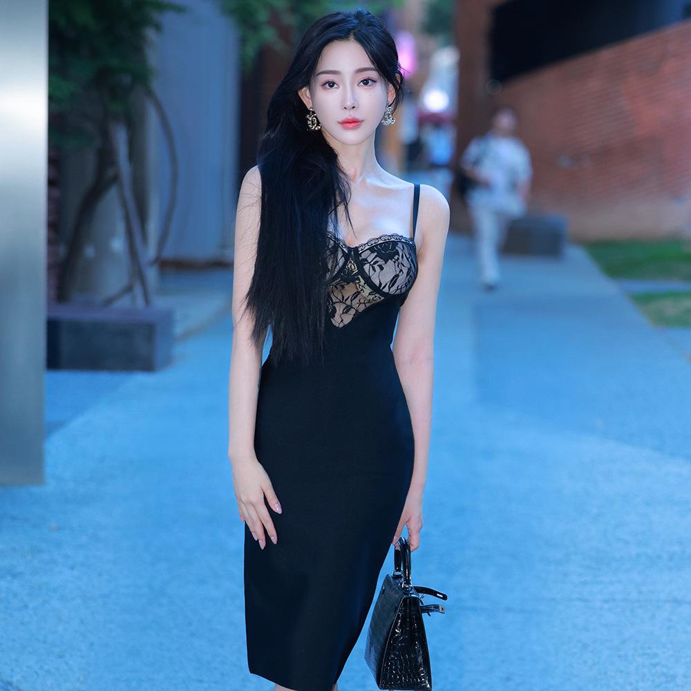 European-American Lace Backless Spaghetti Strap Dress - Sexy Bandage Patchwork Tight-Fit Skirt