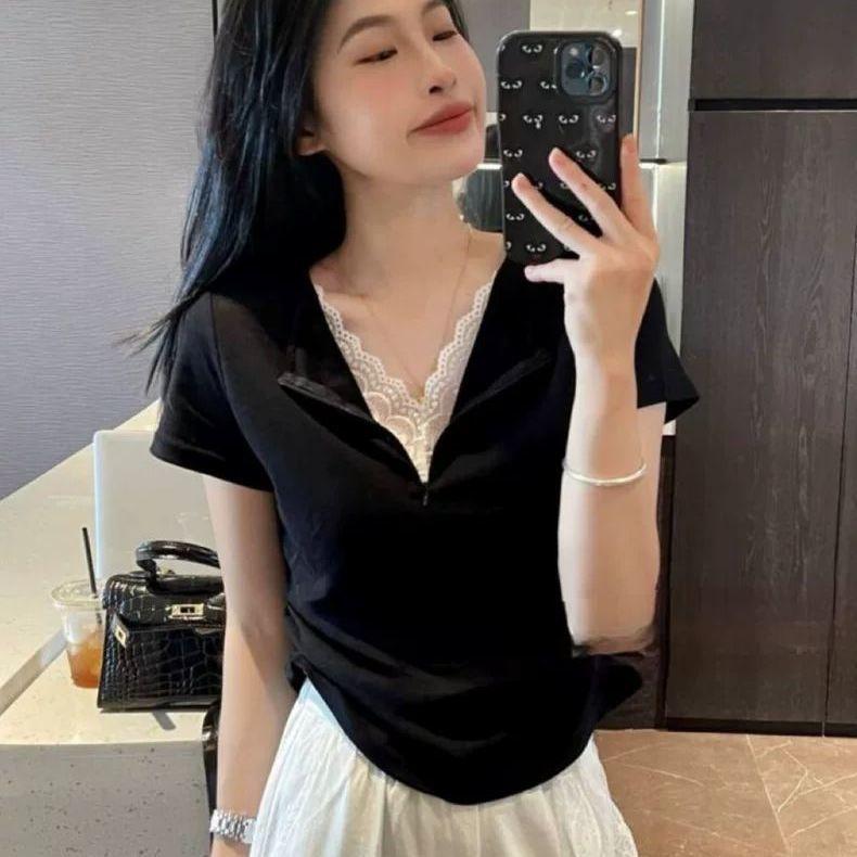 Lace splicing age-reducing short-sleeved T-shirt women's summer new design slim-fitting waist short top trendy