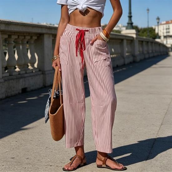 Summer Pants, Casual Wide Leg Trousers for Women, Elastic Drawstring Waist Long Trousers with Striped Print, for Everyday Wear