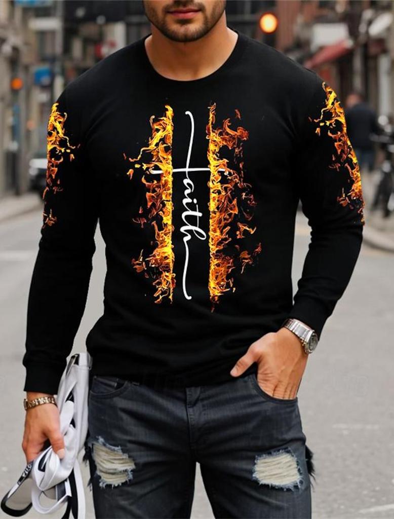 3D Printed Flame Scratch Pattern 3D Printed Autumn Men's Crew Neck T-Shirt Casual Long Sleeve Oversized Pullover Fashion Tops