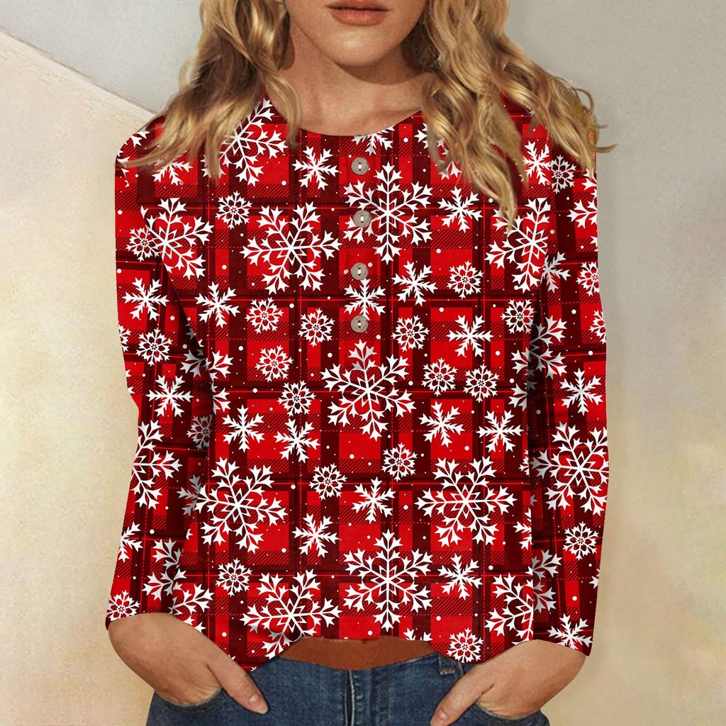 Women's Casual Christmas Printing Button Neck Long Sleeved Pullover Top Blouse