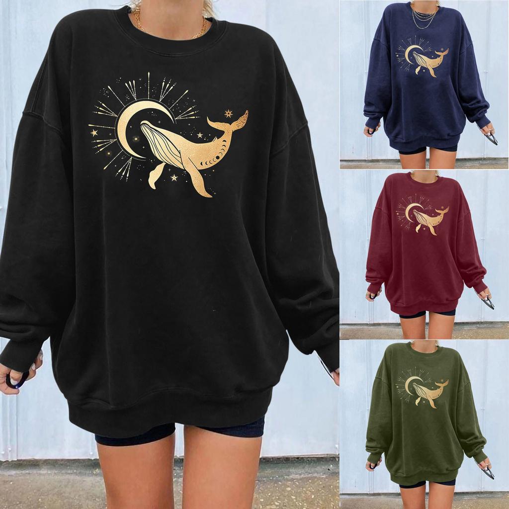 Women's Sun Fish Print Casual Printing Long Sleeve Sweatshirt Pullover Blouse