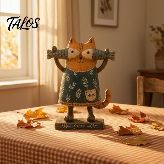 Retro Handmålad Hartsfigur Rustik BondgårdsKatt med Fisk, Håller Fiskstaty, Vintage Liten Hyllstaty för Vardagsrumsbordsdekoration