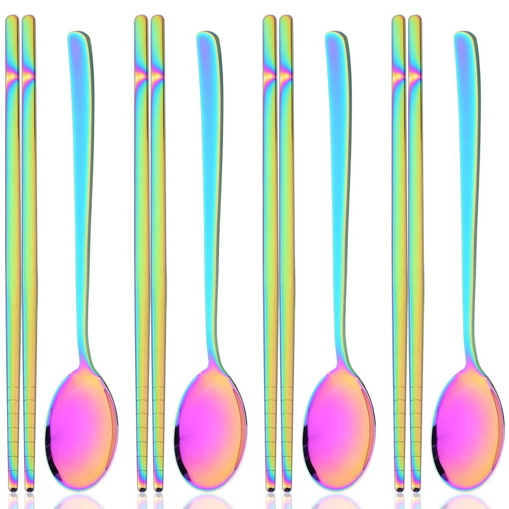 8pcs Gold Stainless Steel Cutlery Set Western Mirror Flatware Set Korean Style Spoon Chopsticks Dinnerware Set Kitchen Tableware