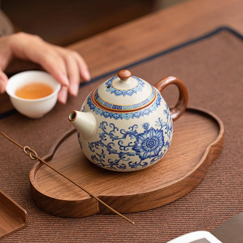 Chinese Ru Kiln Ceramic Teapot Gaiwan Traditional Handmade Blue and White Tea Pot Beauty Tea Infuser Kettle Household Teaware