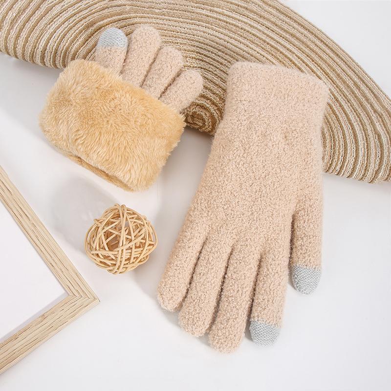 Autumn and winter women's warm and cold-proof knitted gloves plush wool thickened double-layer outdoor touch screen thickened warm