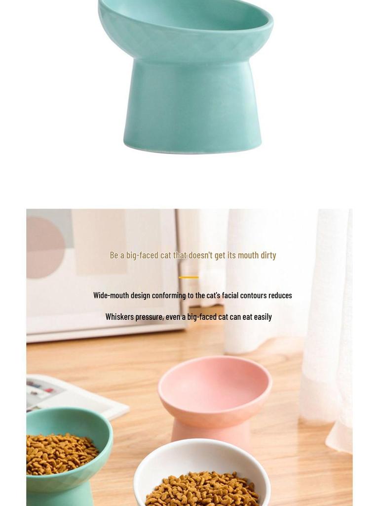 Ceramic Slanted Cat Bowl, High-Sided for Cervical Spine Protection, One-Piece Design.