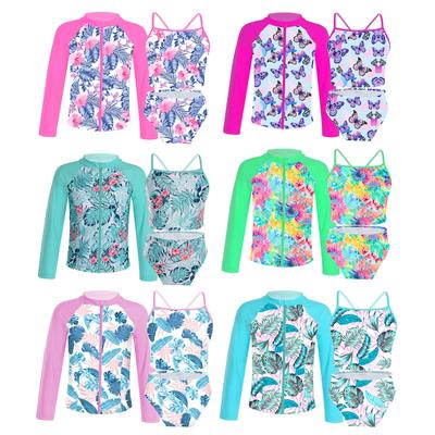 3pcs Kids Girls Swimsuit Sun Protection Rash Guard Shirt Bathing Suit Long Sleeves Coat with Vest Top and Briefs