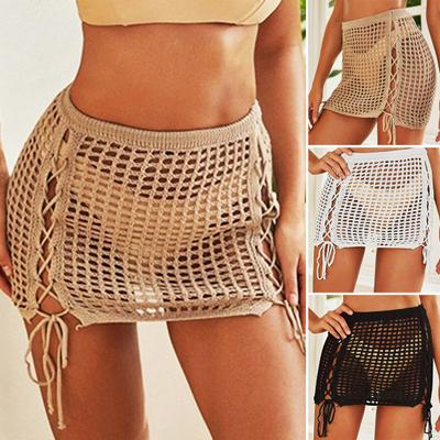 Saia de Praia Cor Sólida Cordão Sexy Vazada Cintura Alta Saia de Verão Roupa de Férias