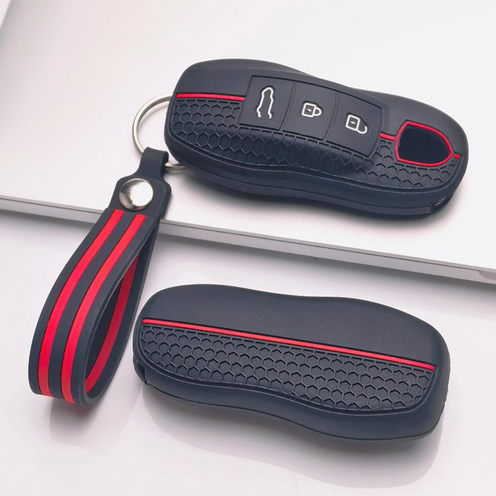 Silicone Car Key Fob Cover for Porsche Cayenne Macan Panamera 911 Boxster Cayman with Keychain Honeycomb Texture Shockproof Key Shell Accessory