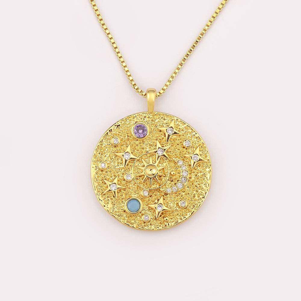 QIKU Romantic Sun/Star/Moon Pattern Round Pendant Gold Plated Copper Cubic Zirconia Necklace Women Jewelry Accessories Girl Gift