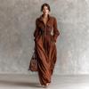 Women's Dark Brown Long Sleeve Zip Front Jumpsuit with Drawstring Waist
