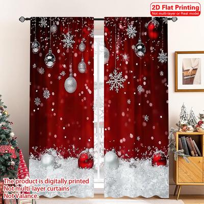 Set Of 2 Flat Printing Merry Christmas Scene Curtains Red White Snowflakes Polyester Without Electricity Festive Wall Decor Curtain