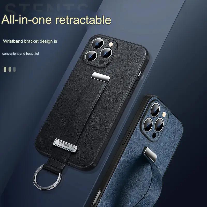 Elegant Wristband Leather Case For iPhone 17 Air 16 Pro Max 15 Plus Streatchable Stand Cover Elegant Business Finger Ring