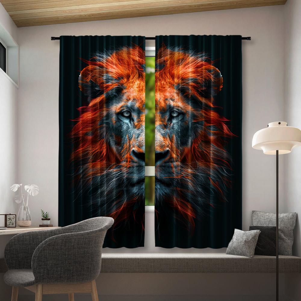 2pcs Lion Jungle Curtains - King of the Wildlife Design   Vibrant Orange & Black Lion Head Print   Rod Pocket Window Treatment for