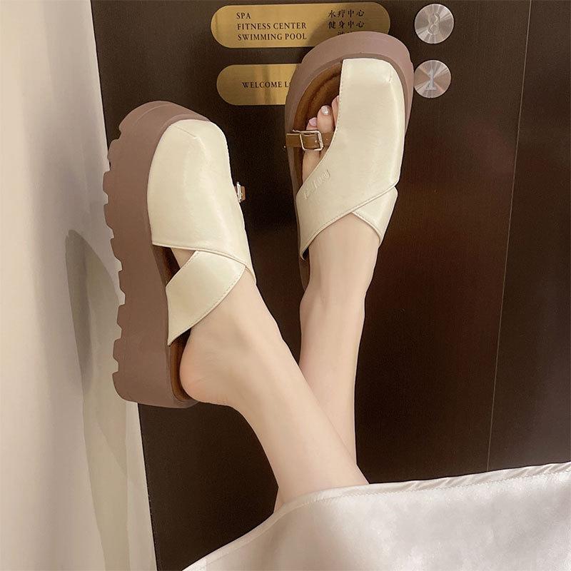 Retro fashion muffin thick bottom comfortable versatile lazy sandals women's outer wear 2025 spring and summer new bag head half slippers