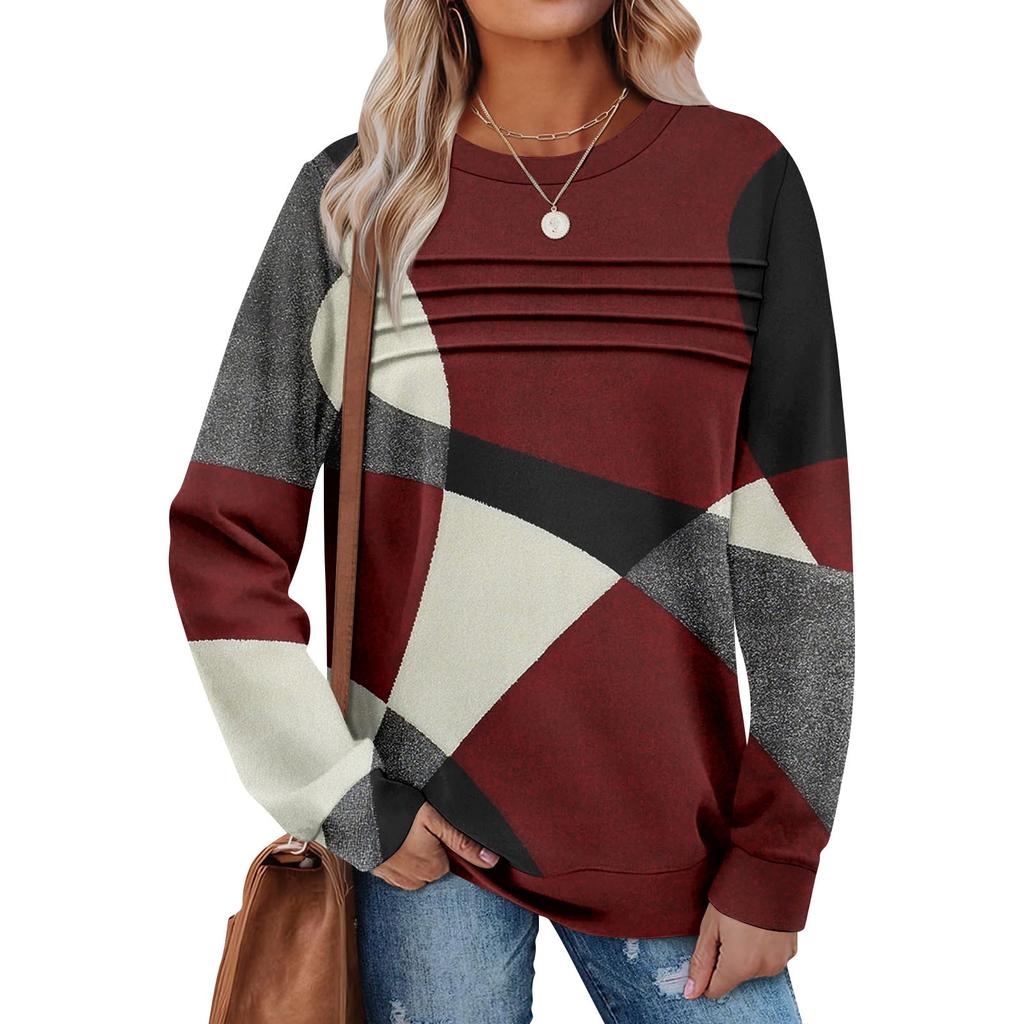 Women's Casual Long Sleeve Round Neck Sweatshirt Fit Pleated Top