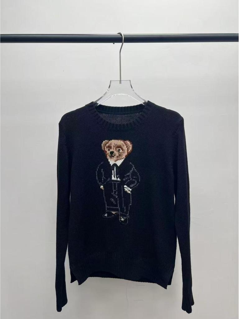 2025 R.L Wool Blend Cartoon Bear Round Neck Sweater - Women's Autumn/Winter Versatile Embroidered Style