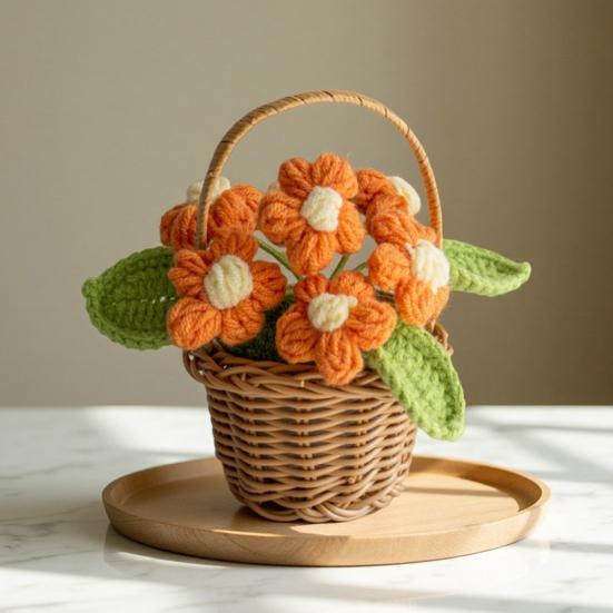 Crocheted Potted Flower Decoration Handmade Knitting Floral Ornament Finished Hand Woven Flower Home Office Table Centerpiece