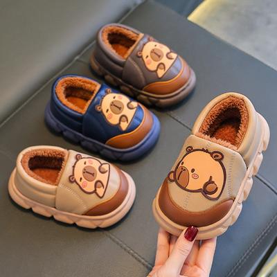 Herbst- und Winter-Kindertaschen, Absätze, Baumwollschuhe, PU-Leder wasserdicht, warm und Plüsch-Baumwollpantoffeln für Erwachsene und Kinder zu Hause