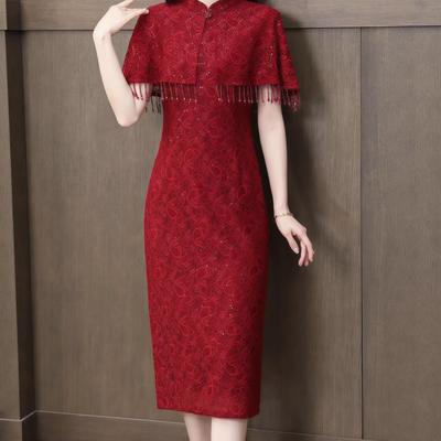 High-end sjalstil midjeinsnörande cheongsam aftonklänning för brudens mor