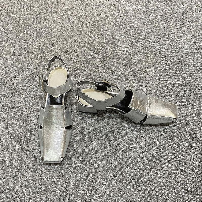 Fashion 2025 New Summer Fashion Hollow Out Women Sandals Silver Chunky Pumps Luxury Design Buckle Strap Gladiator Rome Shoes