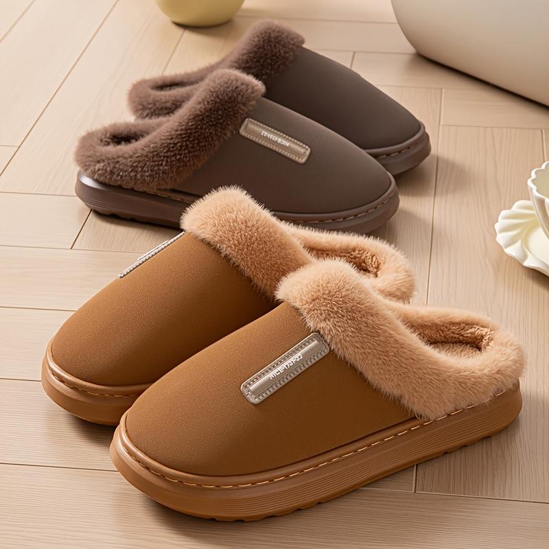Simple Design Home Plush Warm Men's Slippers, and Wear-Resistant Thick-Soled Non-Slip Shoes, Unisex Autumn/Winter Indoor Plush-Lined Slippers