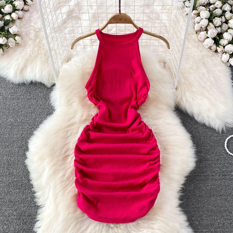 

Off-the-Shoulder Summer Pure Desire Skinny Slimming Dress Halterneck Raspberry color All yards